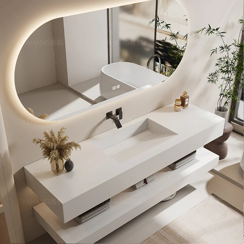 Slanted Basin Bathroom Vanity Set with Integrated Stone Slab