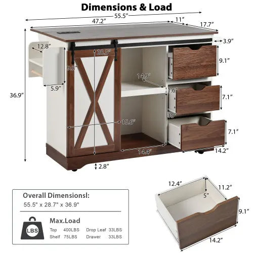 55.5" Farmhouse Kitchen Island with Drop Leaf