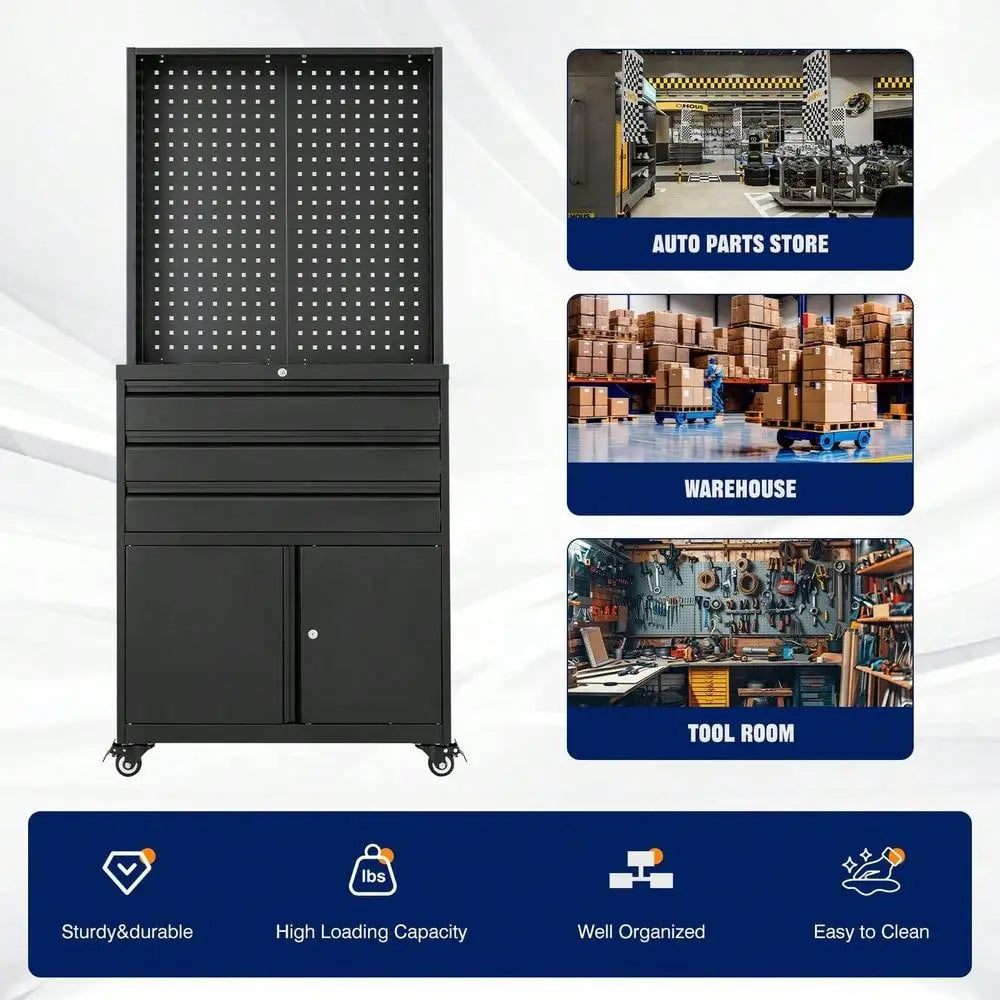 Metal Garage Storage Cabinet With Wheels,3Drawer Rolling Tool Cabinet With 2 Door And Adjustable Shelves, 71 Steel Tool Cabinet