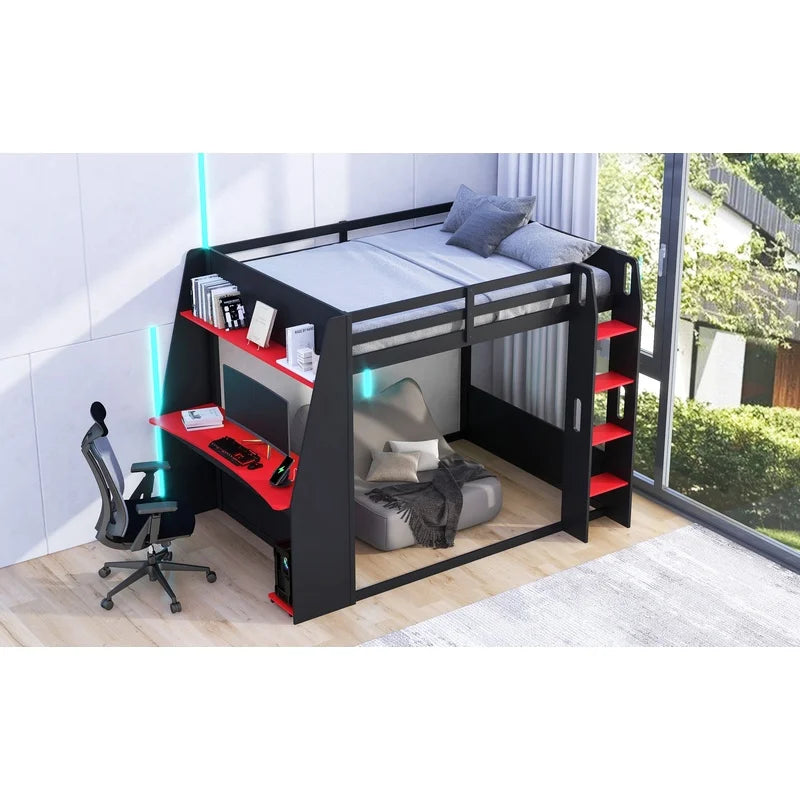Wooden Gaming Bunk Bed with Desk, Storage Shelves, USB and LED Lighting