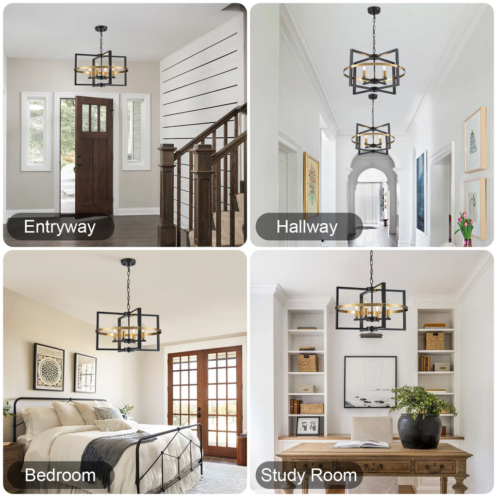21.26'' Black Gold Chandelier 4-Light Modern Industrial Pendant Light Entryway Chandelier Farmhouse Ceiling Lighting Fixture