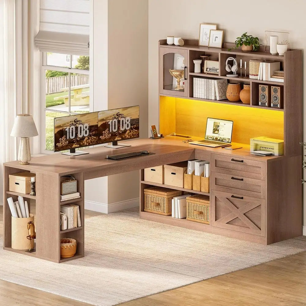 L-Shaped  Storage Desk with LED Light, Power Outlet, and Display Cabinet
