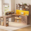 L-Shaped  Storage Desk with LED Light, Power Outlet, and Display Cabinet