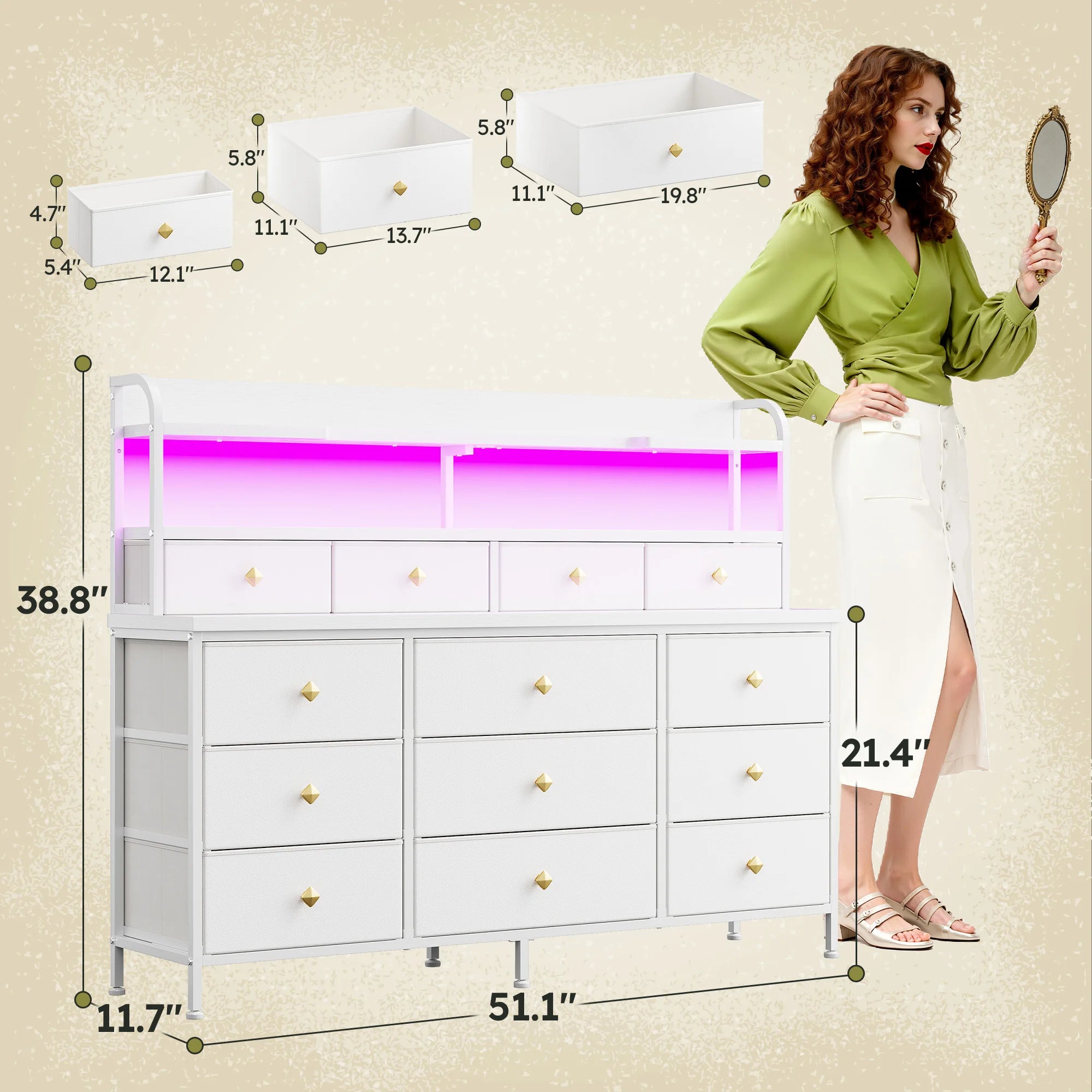 13 Drawer Fabric Dresser with LED Lights and Shelves
