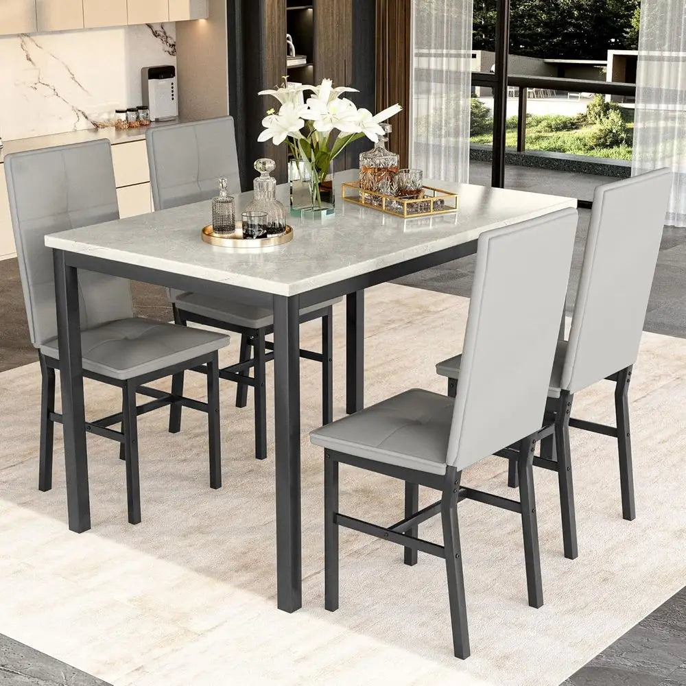 4-Person Marble Kitchen Table with 4 PU Leather Chairs,