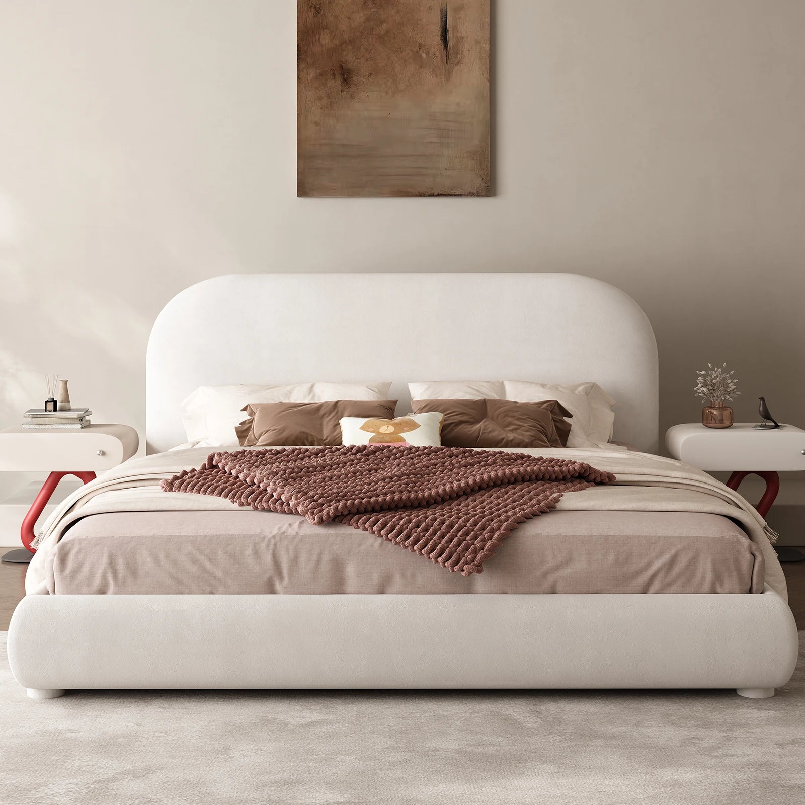 Queen Size Boucle Bed Frame, Upholstered Cloud Bed Frame with Headboard, Soft Platform Bed Frame with Thickened Footboard, Rounded Corners, No Box Spring Required