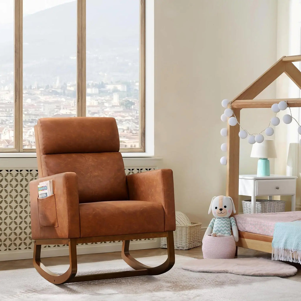 Leather Rocking Chair High Back Side Pocket Wood Legs