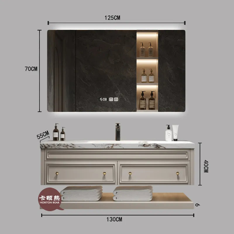 French-Style Seamless Integrated Double Basin Oak Bathroom Vanity