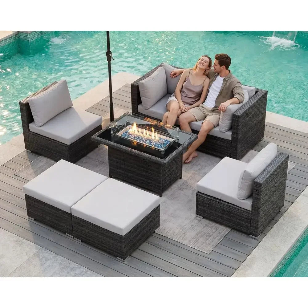 7 Piece High Back Outdoor Sectional Set with Fire Pit Table