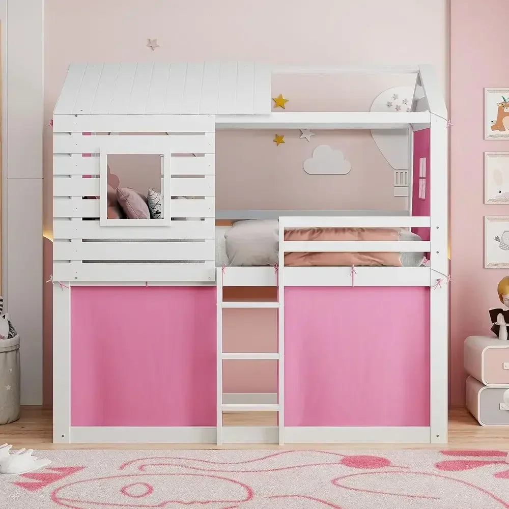 Twin Size Bunk Bed with Tent and Windows,