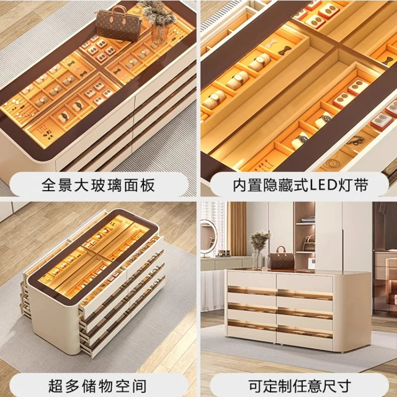Wooden wardrobe island chest drawers jewelry storage with LED