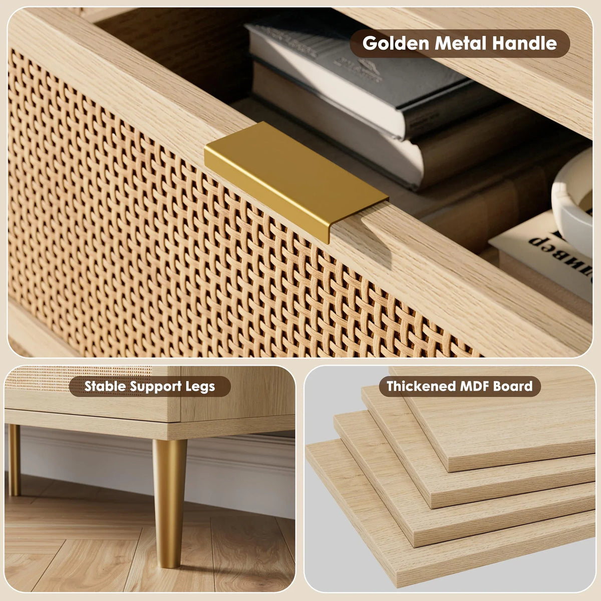 6-Drawer Rattan Dresser, Natural Hand-Woven Rattan & Wood Large Storage Dresser
