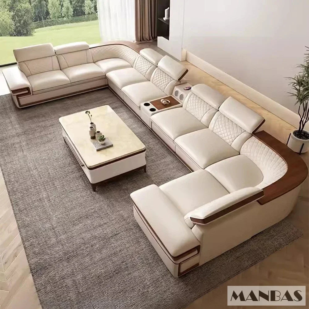 Premium Italian Genuine Leather Sofa Set  Adjustable Headrests, Bluetooth Speaker, Wireless Charger