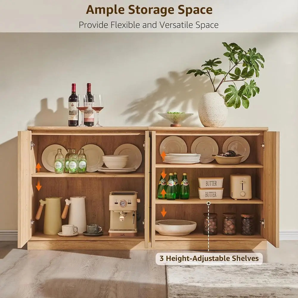 63 Natural Oak Sideboard Buffet Cabinet with Storage and Arched Doors for Living Room, Kitchen, or Entryway