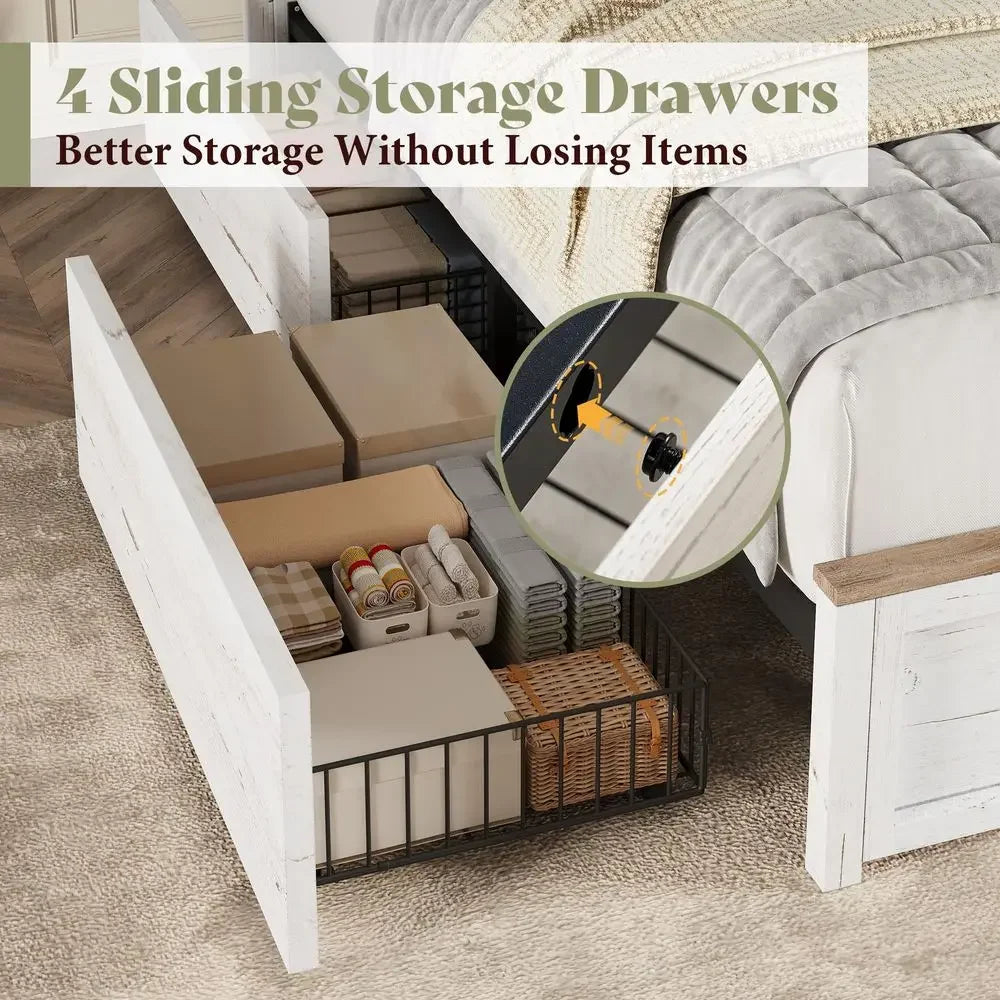 Fireplace Bed Frame King with Headboard, Barn Door Cabinets