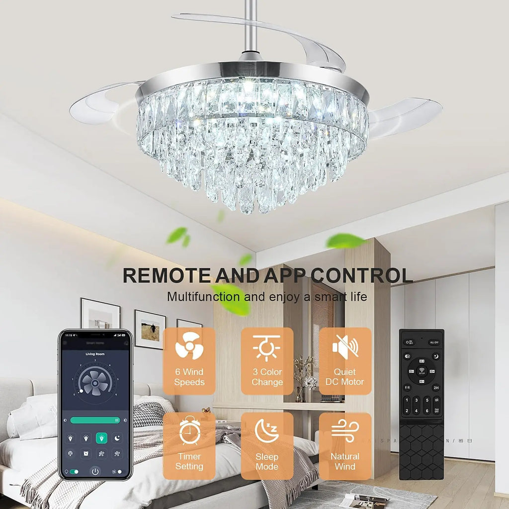 42 Inch Chrome Retractable Ceiling Fan With Light, Remote