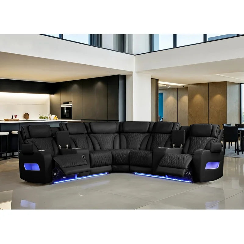 117" Black Leather Reclining Sectional Sofa with Power Headrest
