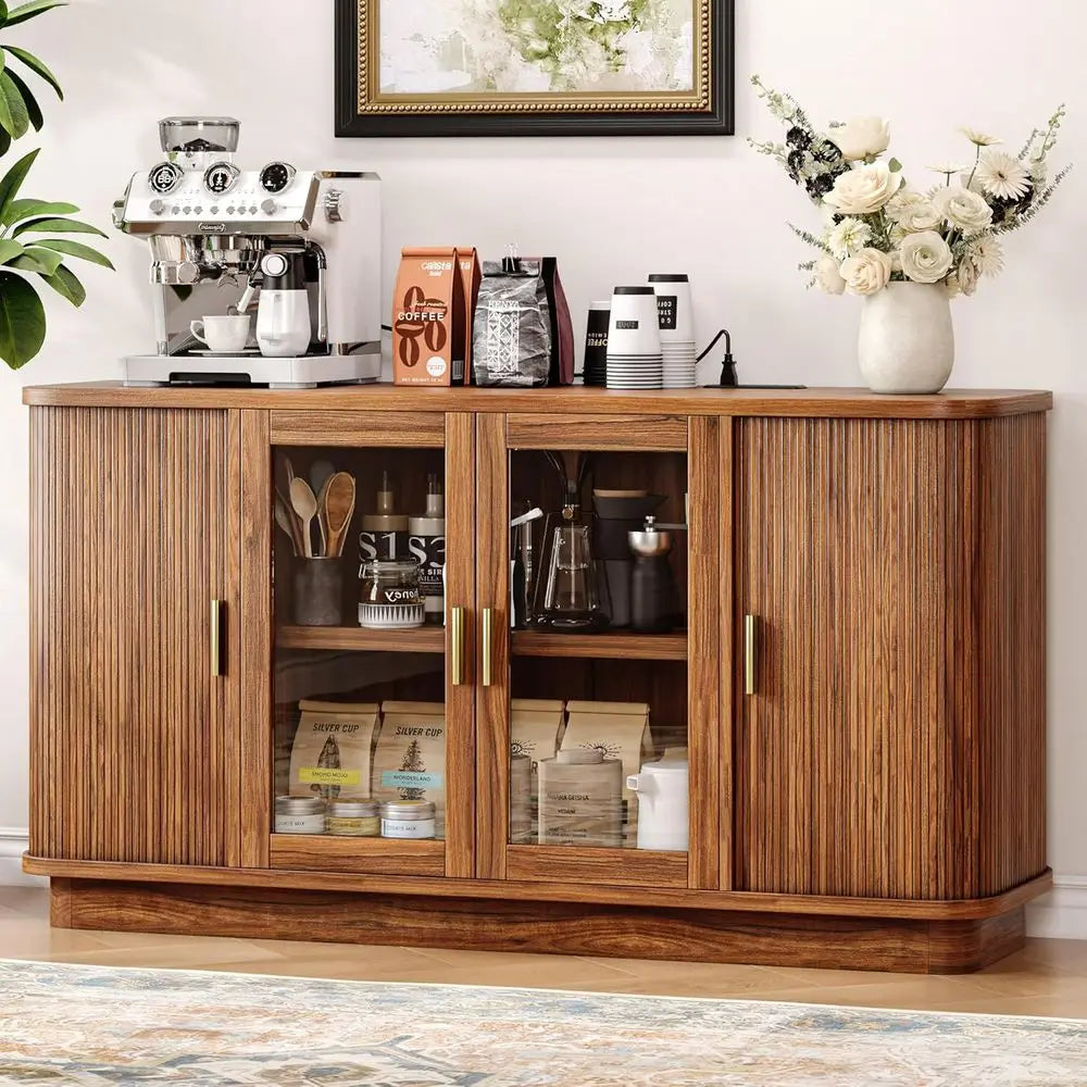Walnut 63 Sideboard Buffet Cabinet with Sliding Doors, Adjustable Shelves for Kitchen, Dining, or Hallway