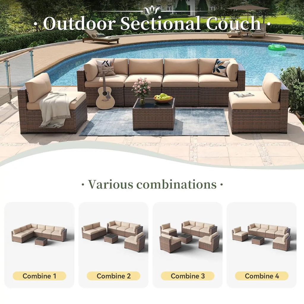 7 Piece Patio Set Wicker Rattan Sectional Sofa Set with Coffee Table