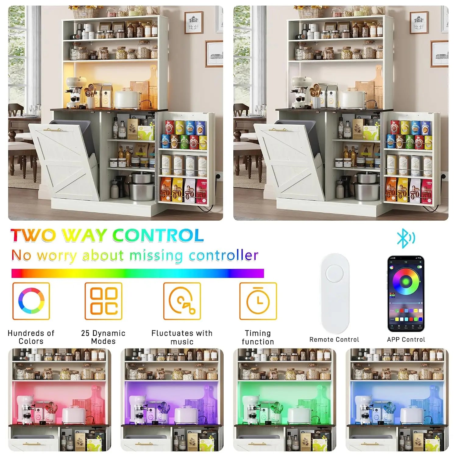 63" H Pantry Cabinets with 10 Gallon Trash Can,Led Light,Outlet,35" W Kitchen Hutch with Tilt Out Trash Can, Customized
