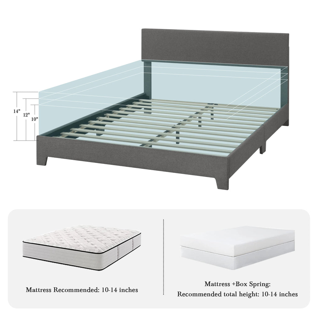 Upholstered Bed Frame with Adjustable Headboard, Soft Linen Fabric