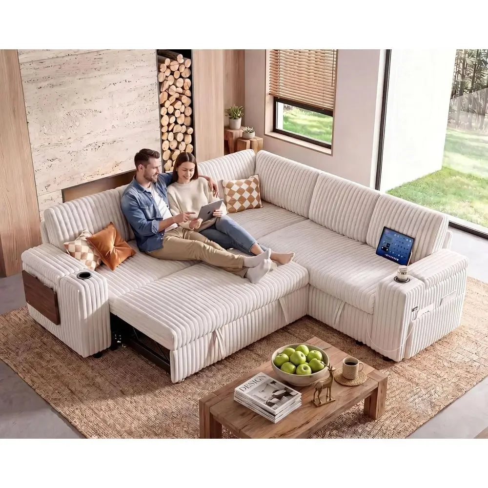 86 Sectional Sofa with Pull-Out Bed, 5-Seat L-Shaped Corduroy Couch,