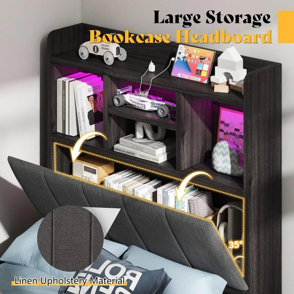 Twin Farmhouse Bed Frame with Bookcase Headboard,