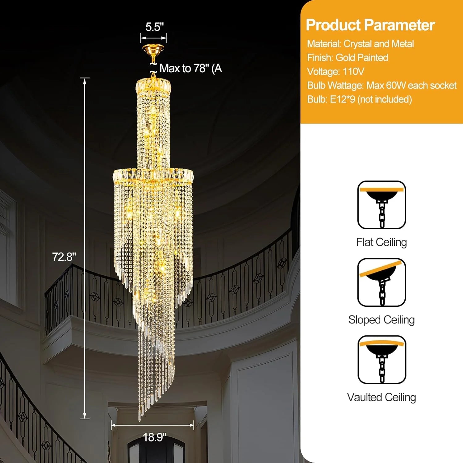 Large Spiral Crystal Beaded Chandelier for High Ceiling