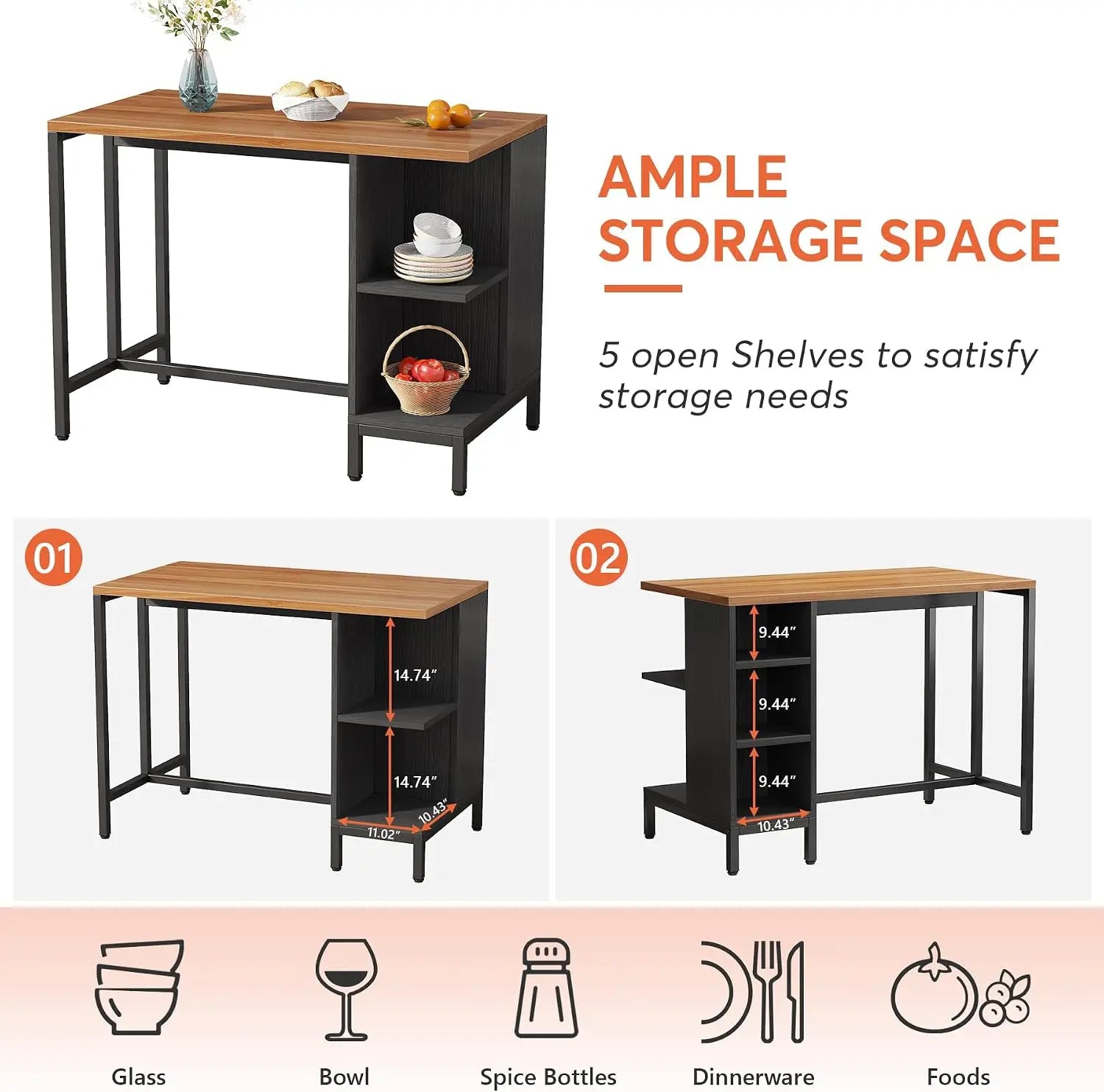 Kitchen Island Bar Table With Five Open Storage Shelves