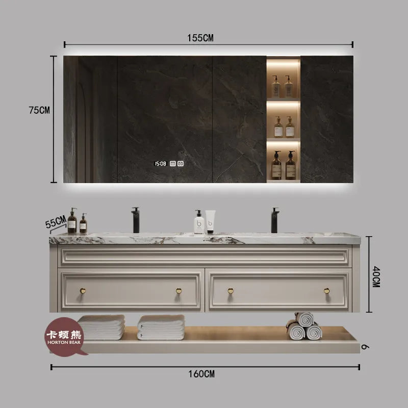 French-Style Seamless Integrated Double Basin Oak Bathroom Vanity