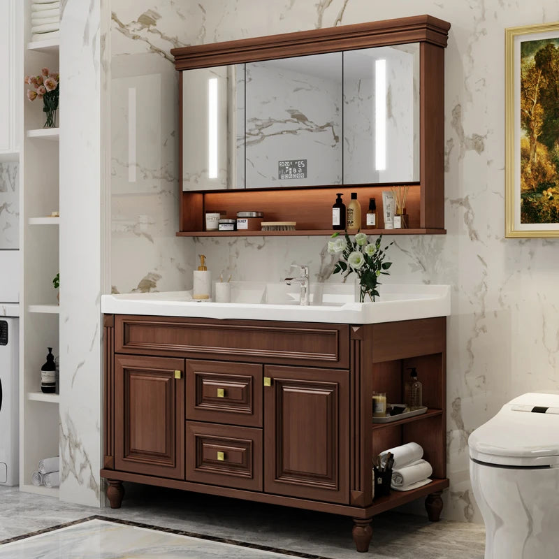 Solid Oak Bathroom Vanity with Ceramic Integrated Modern Smart Mirror