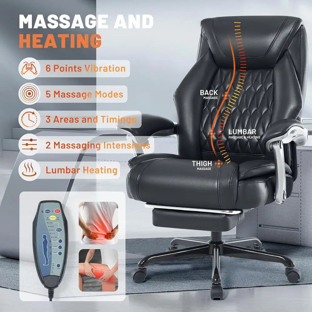 Heated Massage Office Chair with Footrest, 6-Point Vibration, Ergonomic Reclining Desk Chair, PU Leather Seat for Comfortable Ho