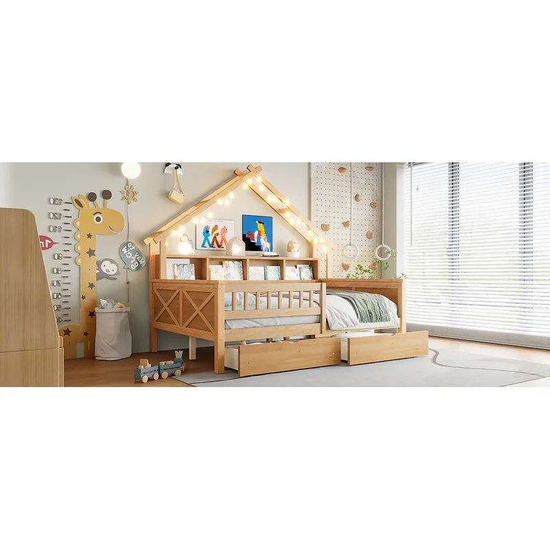 Natural Wood Full Size Platform Bed with LED,