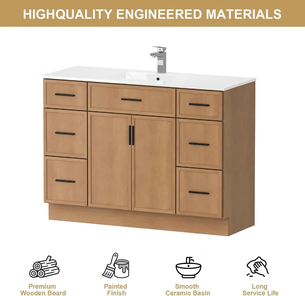 48" Bathroom Vanity with Sink, 6 Drawers 2 Doors, Freestanding, Ceramic Basin, Floor Standing Storage