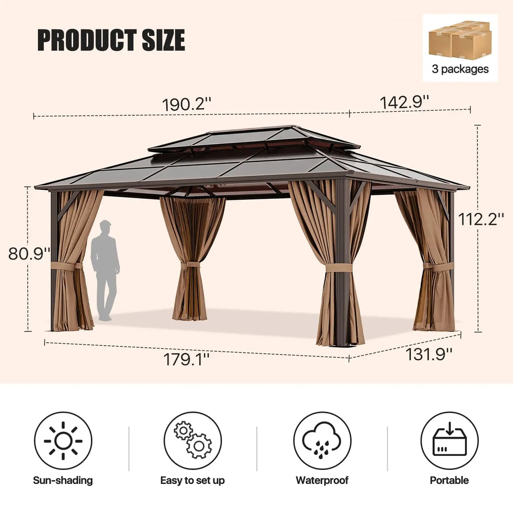 Hardtop Gazebo Double Roof Metal Frame Curtains & Netting