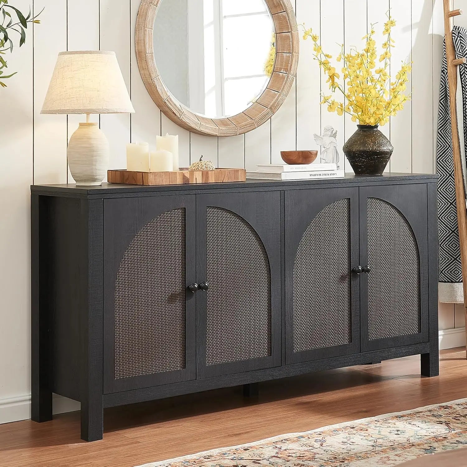 Black Rattan Sideboard Buffet Cabinet With Storage