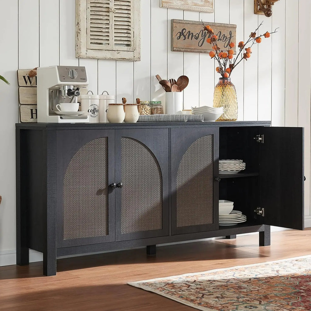 Black Rattan Sideboard Buffet Cabinet With Storage
