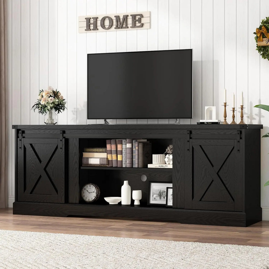 Farmhouse TV Stand 70/75/80 Inch, Entertainment Center With Sliding Barn Doors, Storage Console Living Room, Black, Customized