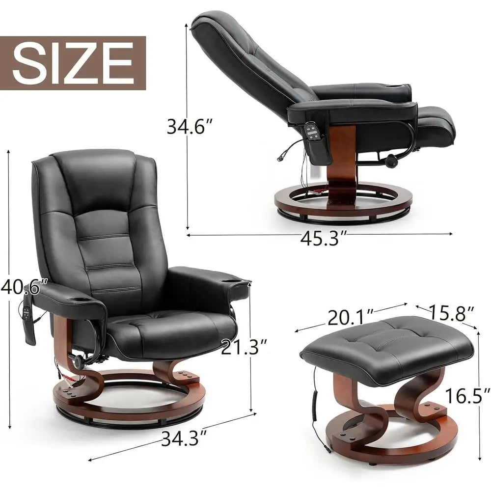 Black Leather Electric Massage Recliner with Ottoman and Swivel Lounge Chair for Relaxation in Living Room, Office, and Bedroom