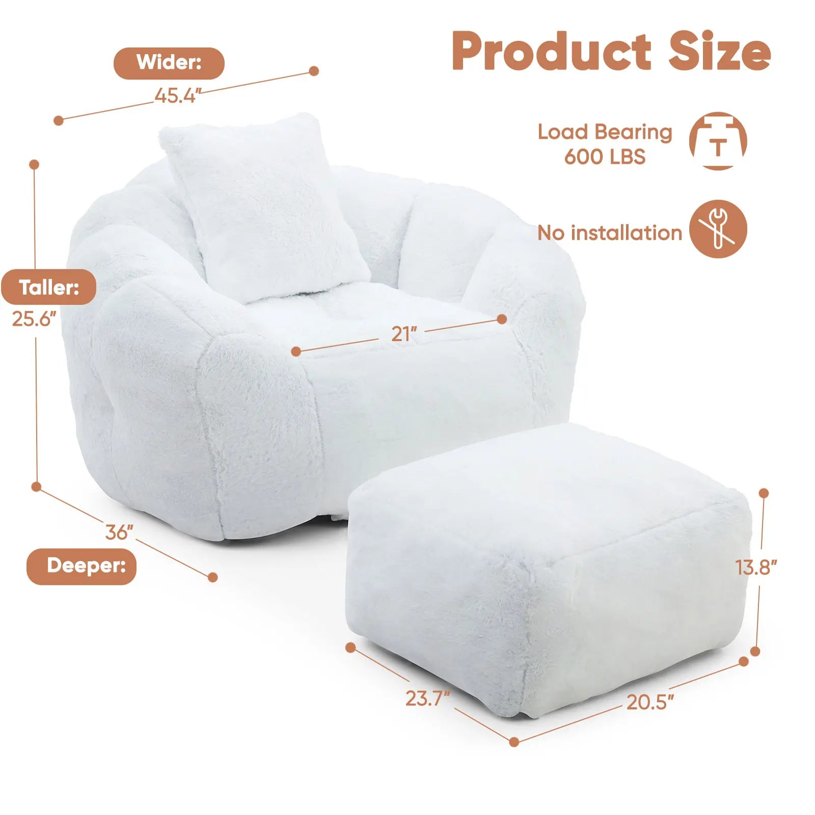 Bean Bag Chair with Ottoman, Comfy Bean Bag Chairs with Memory Foam Filled, Fluffy Beanbag Sofa with Dutch Velvet Cover, Teardrop BeanBag Chairs for Living Room, Playroom