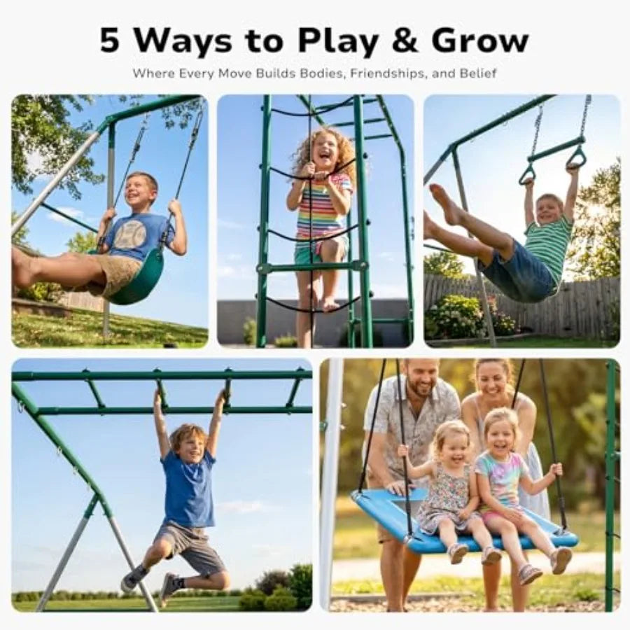 Backyard Swing Set with Monkey Bars, Belt Swing, Platform Swing, Climbing Net, Trapeze Bar