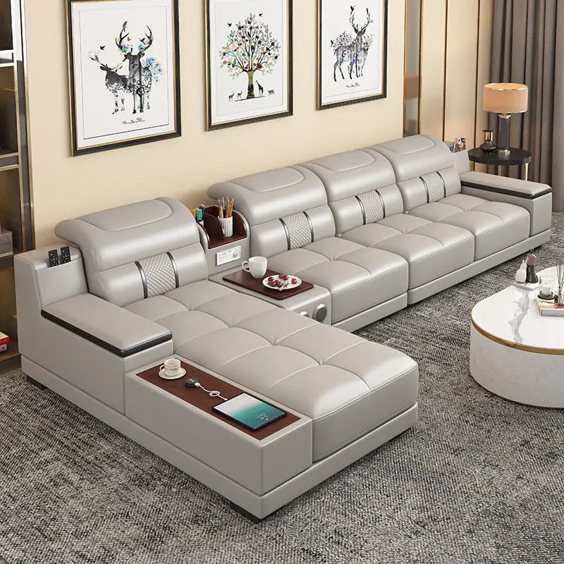 Stylish Italian Genuine Leather Sofa for Living Room with USB, Adjustable Headrests & Bluetooth Speaker
