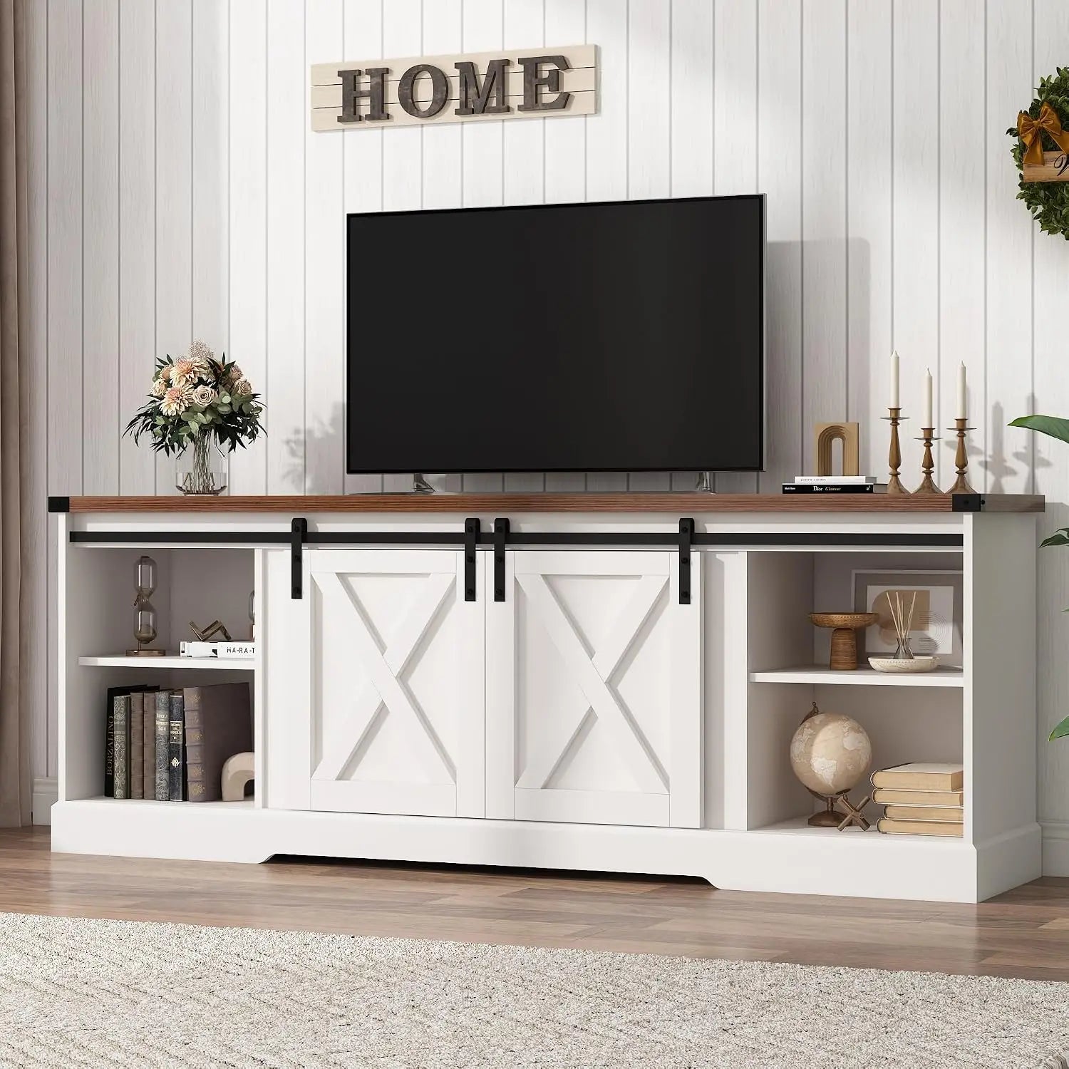 Farmhouse TV Stand 70/75/80 Inch, Entertainment Center With Sliding Barn Doors, Storage Console Living Room, Black, Customized