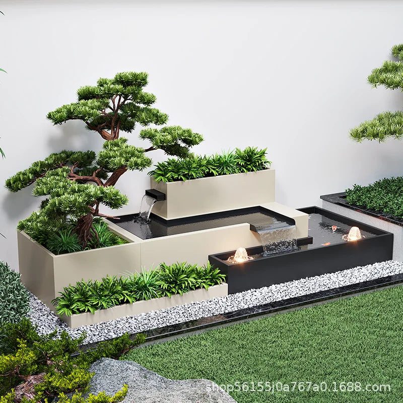 Outdoor flowing water, garden, fish pond, flower bed