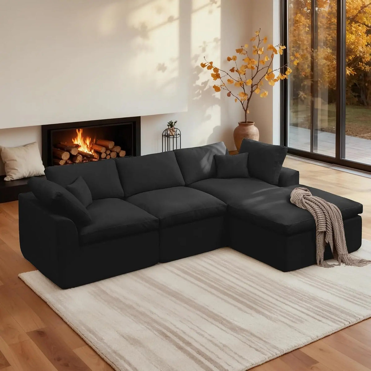 110" Modular Sectional Sofa with Ottoman, Deep Seat Fluffy Chenille, L-Shape Couch