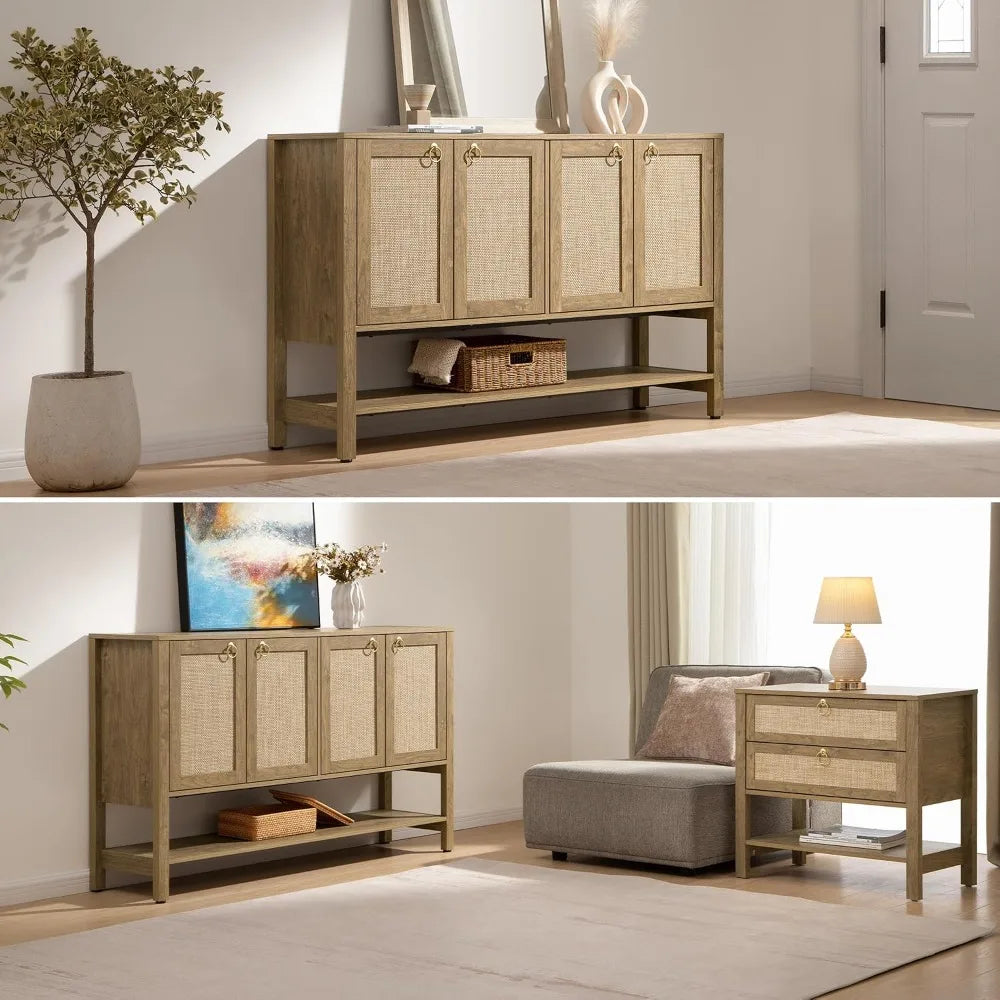 Rattan Sideboard Buffet Cabinet with Open Storage