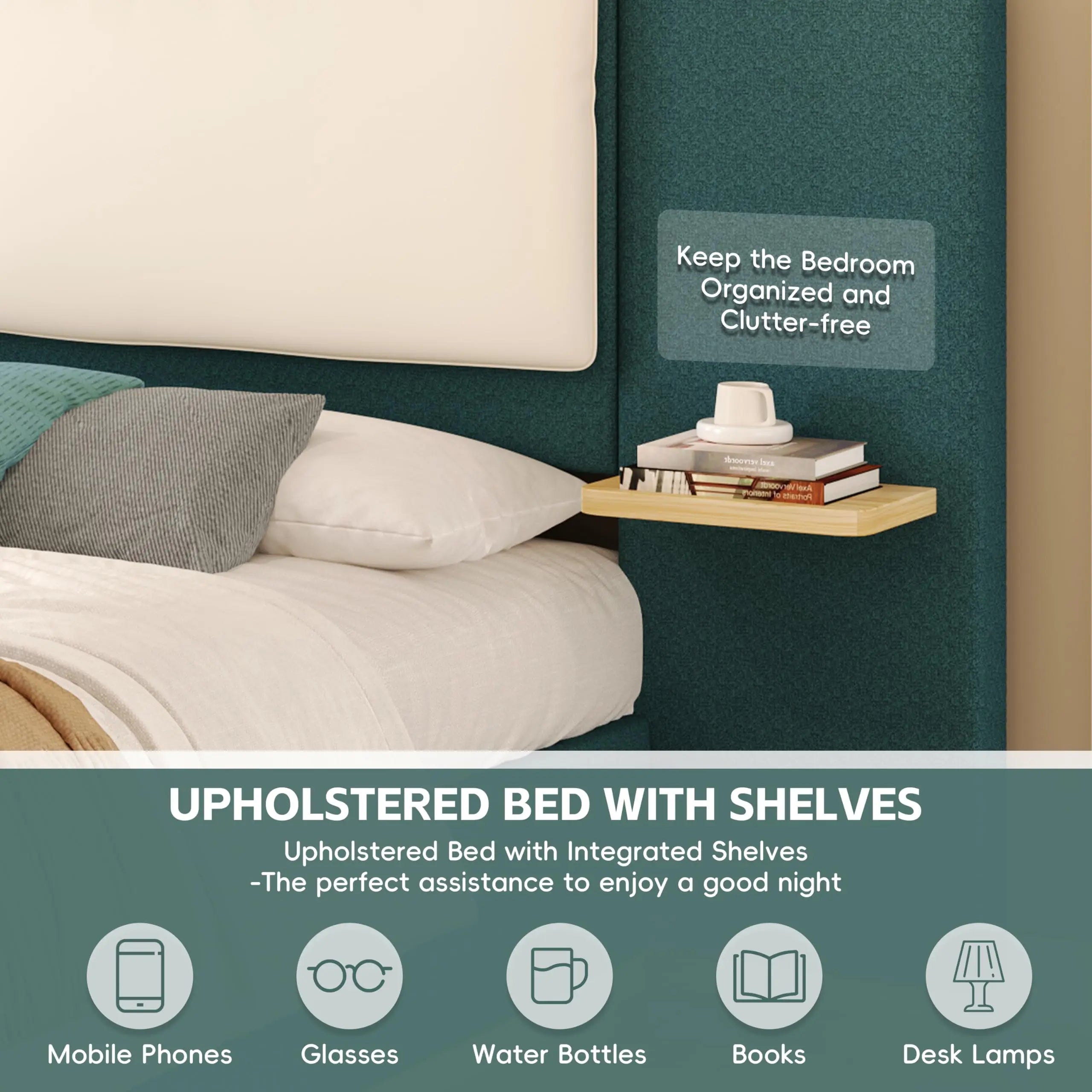 Queen Size Upholstered Bed Frame with integrated Shelves,Thick Headboard and Footboard,Wooden Structure Solid, Noise-Free,No B