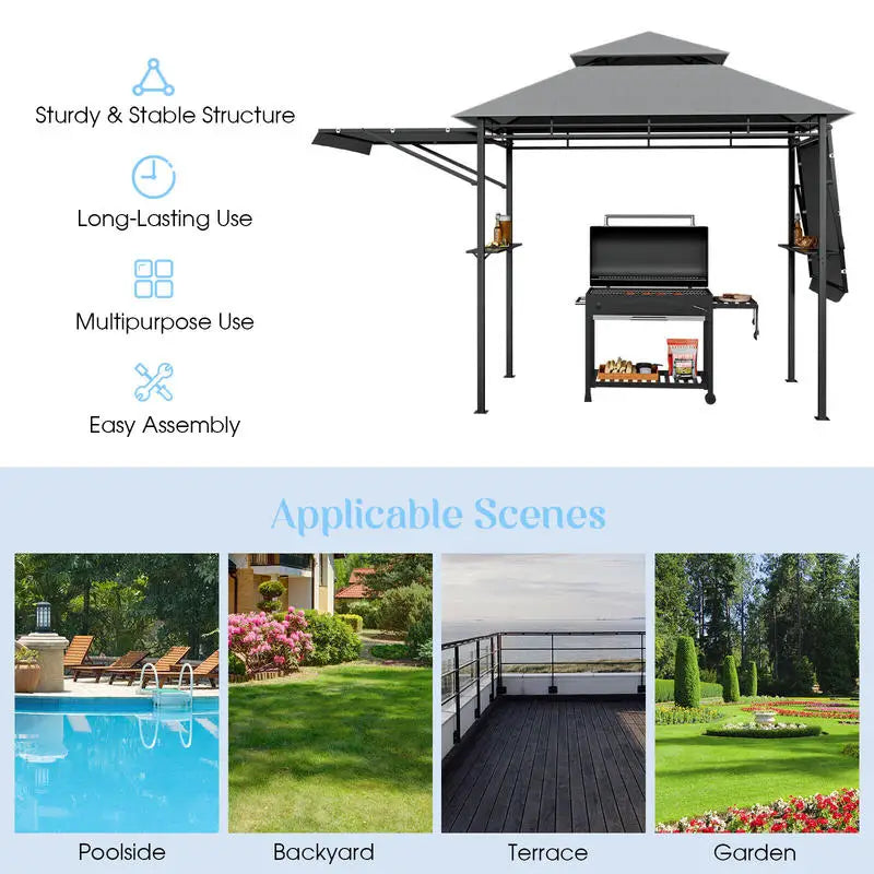 Patio BBQ Grill Gazebo Canopy with Dual Side Awnings-Gray
