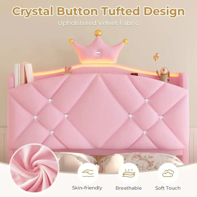 Pink Upholstered Twin Bed Frame with LED Lights & Charging Station for Girls Bedroom