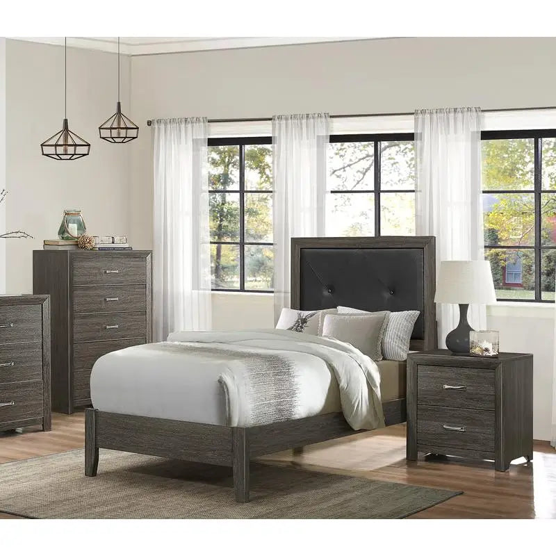 Contemporary Twin Bed with Button-Tufted Dark Gray Faux Leather